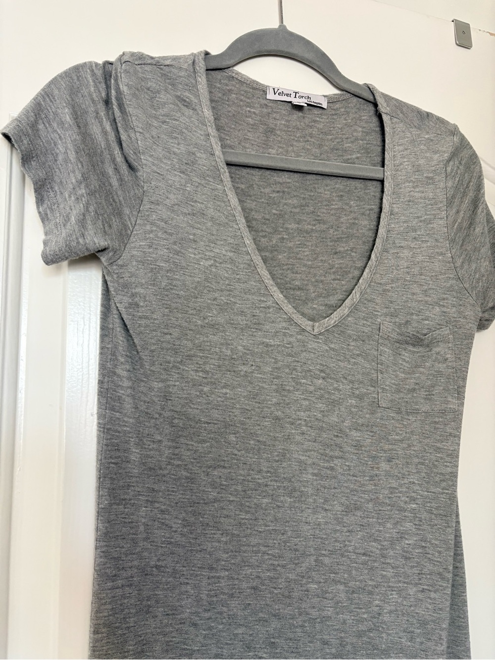 Velvet Torch Heather Gray V-Neck Short Sleeve Tee with Pocket